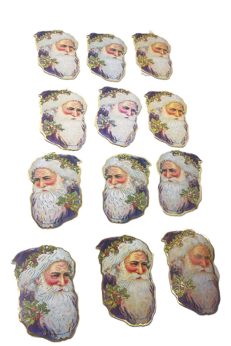 Vtg 1985 Christmas Reproductions Inc Santa Foil Double Side Ornaments Set of 12